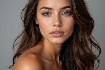 Obraz premium Stunning Portrait of a Young Adult Hispanic Woman with Long Brown Hair and Natural Makeup Against a Simple Gray Background