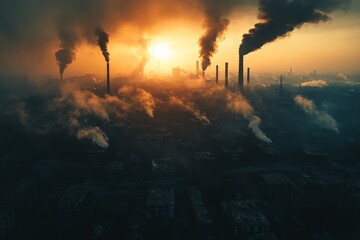 Industrial skyline enveloped in smoke at sunset highlighting environmental concerns in an urban area