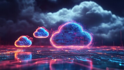 Digital clouds glowing in a dark stormy sky.