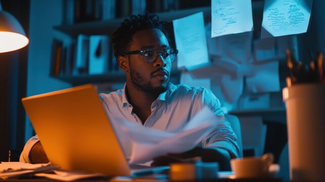 Young Professional Working Late in a Modern Home Office Environment
