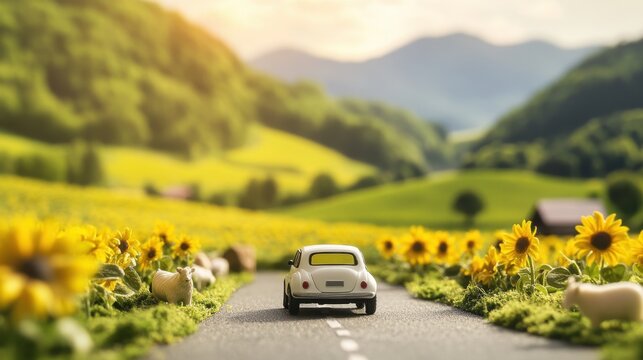 Miniature Car Driving Through Scenic Sunflower Field Landscape