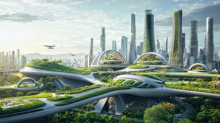 Futuristic eco-city with green architecture and flying vehicles.