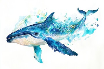 Beautiful Watercolor Illustration of a Majestic Blue Whale Swimming