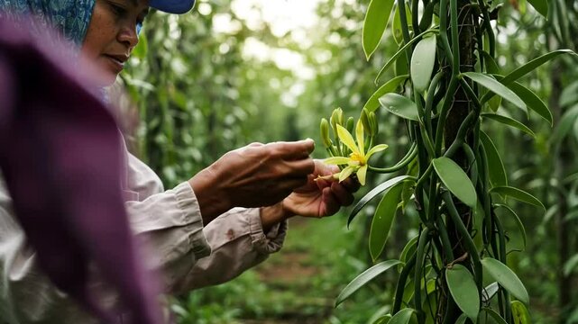 Manual Pollination of Vanilla Flowers in a Plantation