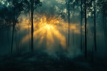 Fototapeta premium Sunlight breaks through trees in a misty forest at dawn