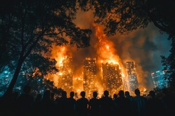 Blaze engulfs skyscrapers at night as spectators watch from a safe distance in a city location