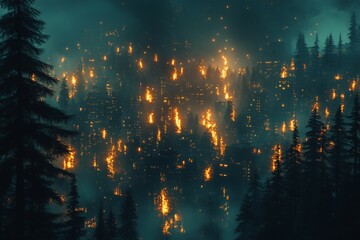 Forest fire illuminates the landscape at night, revealing destruction and chaos in the wilderness