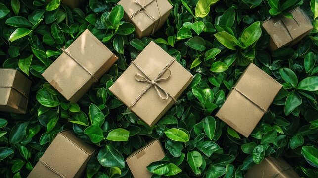 Eco-friendly gifts nestled in lush green foliage.