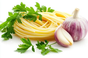 Captivating still life photograph featuring golden spaghetti nest fresh parsley and vibrant garlic on a clean background