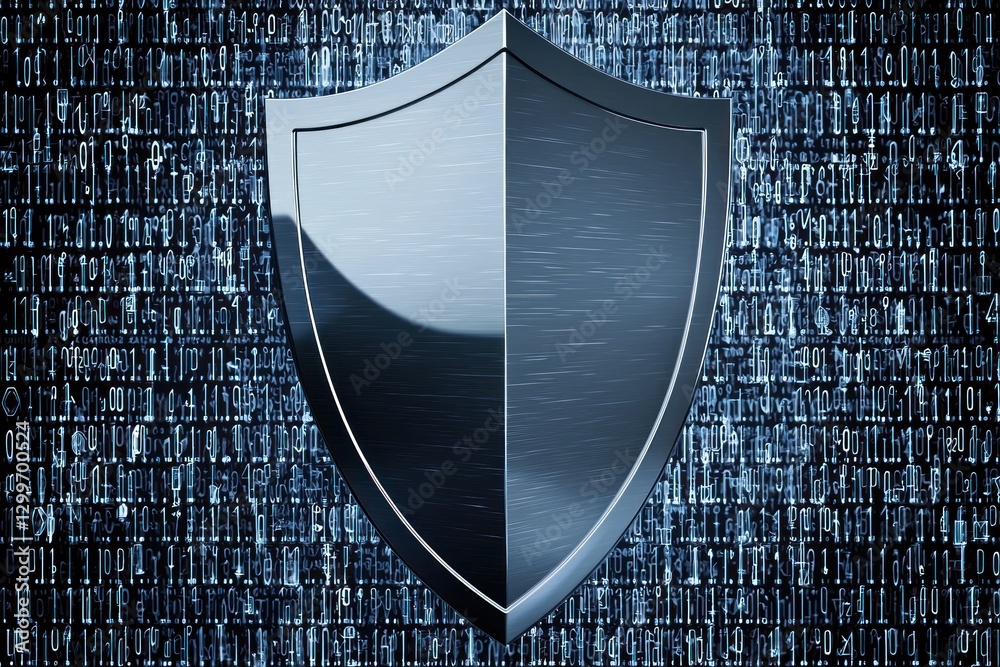 Poster metallic shield guarding against cyber threats with binary code backdrop depicting information secur