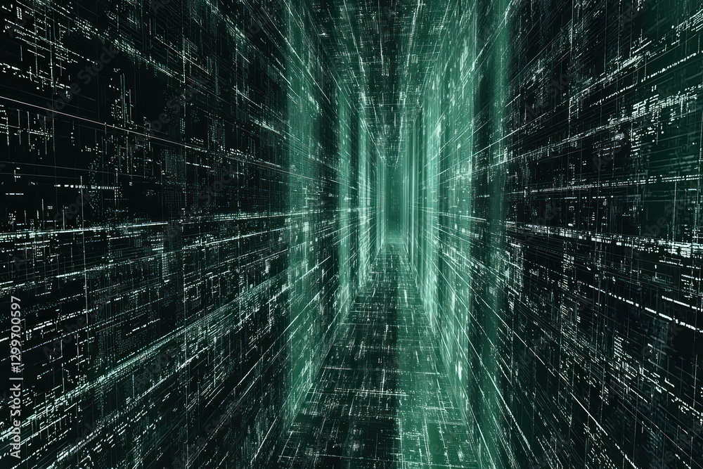 Poster futuristic grid network tunnel with digital data stream background for technology concept design