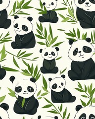 Obraz premium Minimalist pastel fox illustration background Charming panda pattern with bamboo leaves.