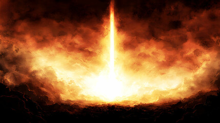 Fiery Apocalypse: Bright Explosion Amidst Dark Clouds