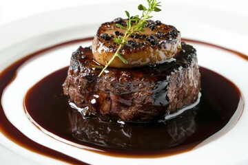 Exquisite Grilled Beef Tenderloin on White Plate, with Foie Gras, Garnished with Thyme in Dark Sauce