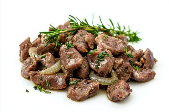 Savory gourmet sauteed gizzards with onion rings and fresh rosemary sprigs against a plain white surface studio shot