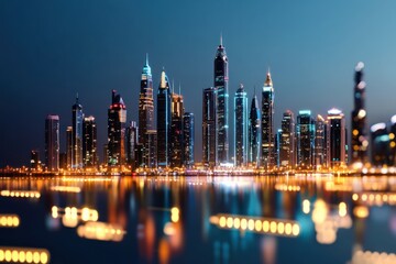 Obraz premium Sparkling Cityscape at Night Captivating Modern Architecture and Glowing Lights Reflecting on Water