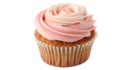 Single cupcake, elegantly topped with a delicate rose-shaped swirl of smooth, velvety cream isolated on white background. Suitable for marketing or business purposes. PNG file