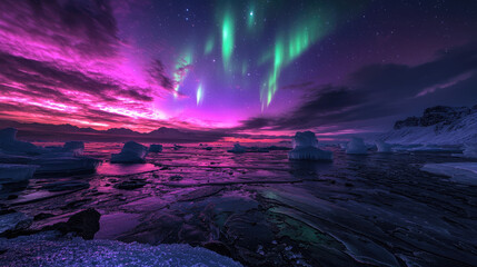 Vibrant auroras dance over a serene icy landscape at twilight, illuminating the tranquil waters