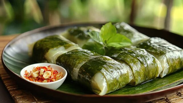 Delicious Vietnamese Banh Beo: Steamed Rice Cakes Wrapped in Green Leaves