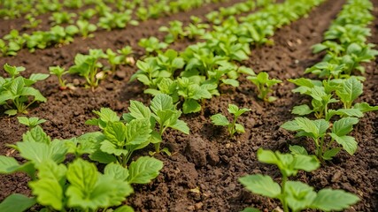 A scenic view of a vibrant green field filled with rows of healthy organic vegetables growing sustainably, plant, growth