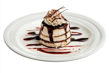 Creamy layered cake with chocolate topping, served on white plate, dessert presentation, studio shot with culinary elegance, food photography