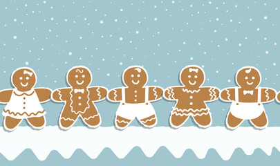 Christmas Background. Gingerbread Men Holding Hands. Seamless Border. Gingerbread Man, Gingerbread Woman on Blue Background. Greeting Card Template. Vector Illustration