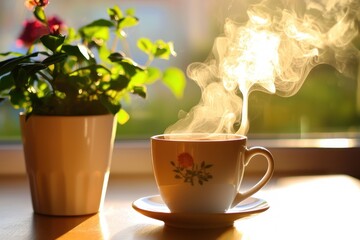 Morning Warmth Aromatic Coffee Steam and Floral Potted Plant on Wooden Table Evoking Comfort and Serenity in Natural Light Window Scenery