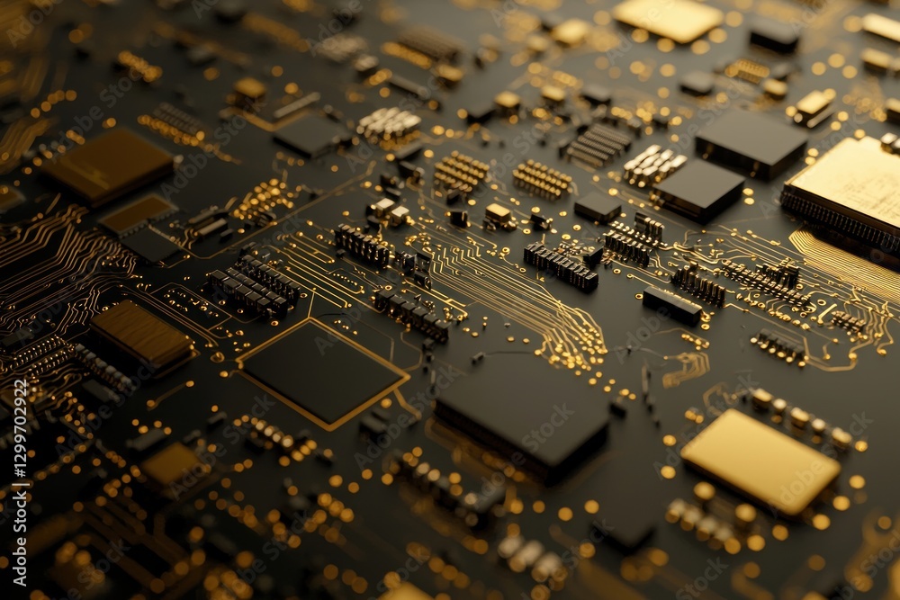 Poster complex circuit motherboard design in technology backdrop illuminated with golden patterns and compo