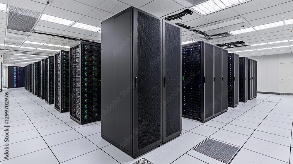 Poster a modern data center featuring rows of servers in a clean white room emphasizing data storage and pr