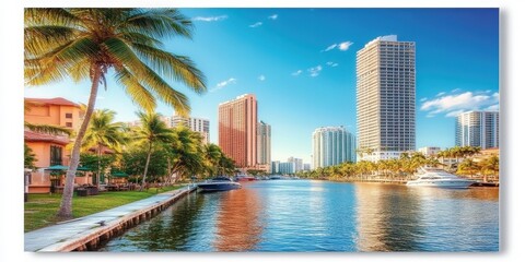 Obraz premium Resort city view from the water. Palm trees, city skyline in background. Travel image
