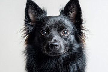 Black German Spitz dog close-up portrait on a white background.