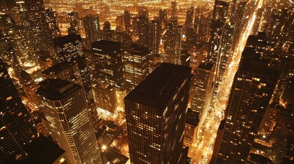 Obraz premium Aerial night view of city skyline, illuminated buildings and streets.
