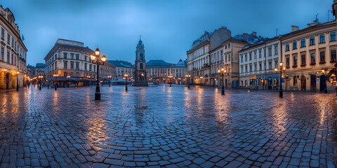 Evening Cityscape of Market Square Architecture Ukraine Historical Landmark, Captivating Old Town Street View, Beautiful City Panorama