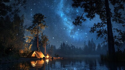 Night camping scene by a lake under a starry sky.