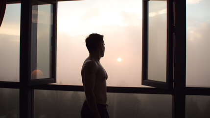 Fototapeta premium A bare-chested man stands by a foggy window, observing the sunset, an evocative scene representing solitude, reflection, and the fleeting beauty of daily moments.