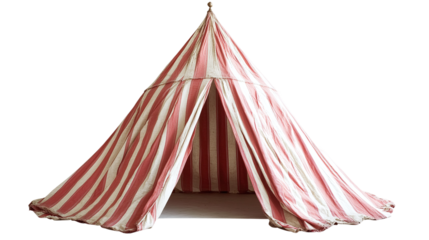Circus tent isolated on transparent background, featuring red and white striped fabric, representing vintage amusement, festival shows, or theater events.
