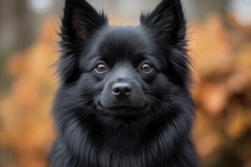 Black German Spitz dog close-up portrait in a natural setting.
