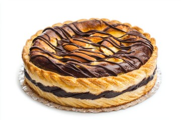 Delicious almond chocolate cake with pastry crust and foil stand appetizing food photography