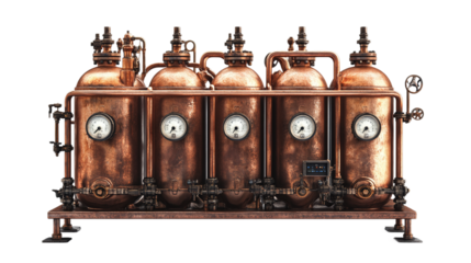 Copper boiler industrial equipment isolated, with pipes and pressure valves, symbolizing steam engineering and vintage steampunk machinery.