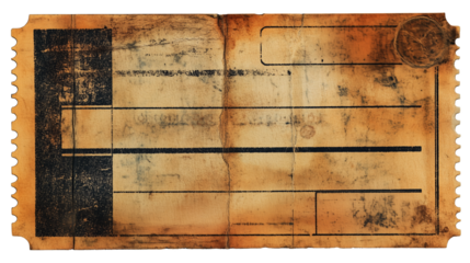 Vintage aged paper ticket with textured stains and handwritten lines featuring a stamped circle
