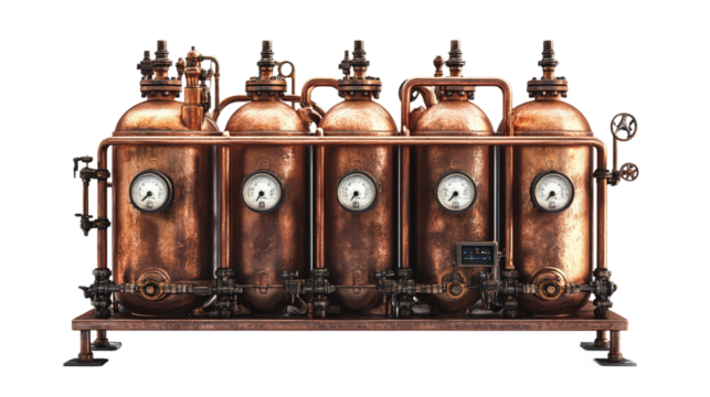 Copper boiler industrial equipment isolated, with pipes and pressure valves, symbolizing steam engineering and vintage steampunk machinery. - Powered by Adobe