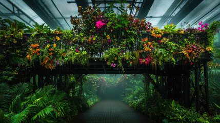 Lush tropical greenhouse filled with vibrant flowers and foliage, showcasing nature's beauty