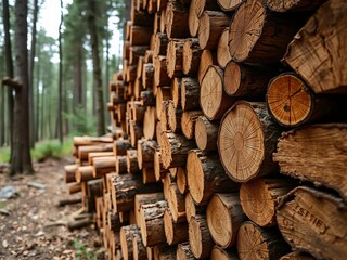 Close up view of textured wood logs stacked together, textured, rustic