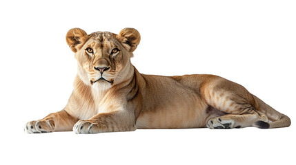 Full-body lion portrait, lying down, isolated on transparent background, representing strength, power, and the majestic wildlife predator from the African jungle.