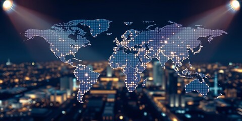 Fototapeta premium Creative glowing digital pixel squares world map with spotlights on blurry city backdrop, global business concept double exposure, global business, world
