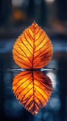 Obraz premium Autumn leaf floats, reflecting, water, bokeh background, nature