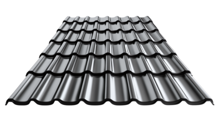 Metal dark gray or black shiny modern roof tile isolated, showcasing a sleek and contemporary construction material, ideal for building architecture and protection.