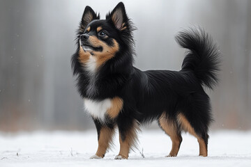 Fototapeta premium German Spitz dog standing in a natural setting. Animal side portrait.