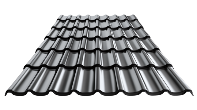 Metal dark gray or black shiny modern roof tile isolated, showcasing a sleek and contemporary construction material, ideal for building architecture and protection.
