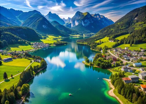Stunning Aerial View of Grundlsee Lake, Austria: Turquoise Waters & Alpine Scenery